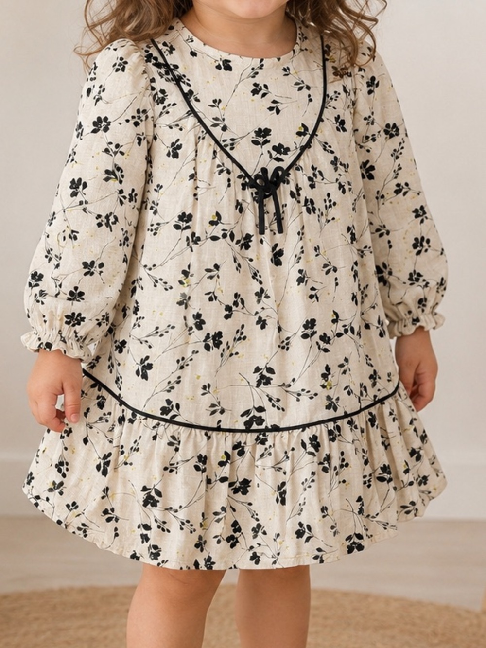 Zara Cream Dress with Black Floral Print and Green Accents size 2/3T 100% Cotton